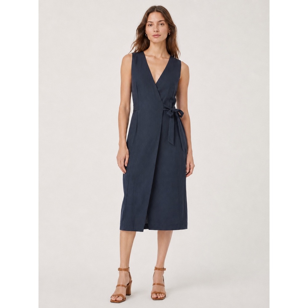Tommy Hilfiger Womens Wrap Dress Size 2 Navy Blue Lyocell Cotton Midi Sleeveless
